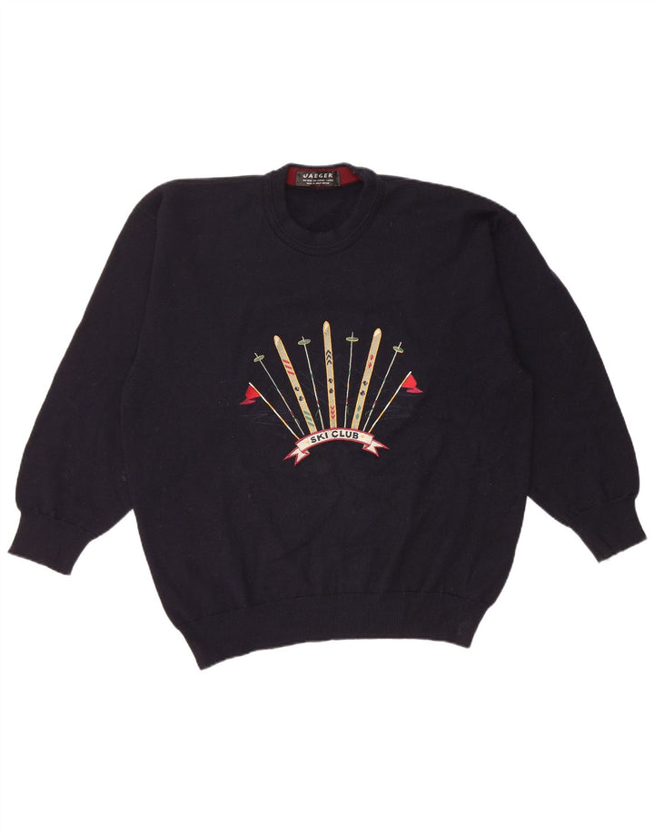 Jaeger Herren-Pullover mit grafischem Rundhalsausschnitt, groß, marineblaue Wolle
