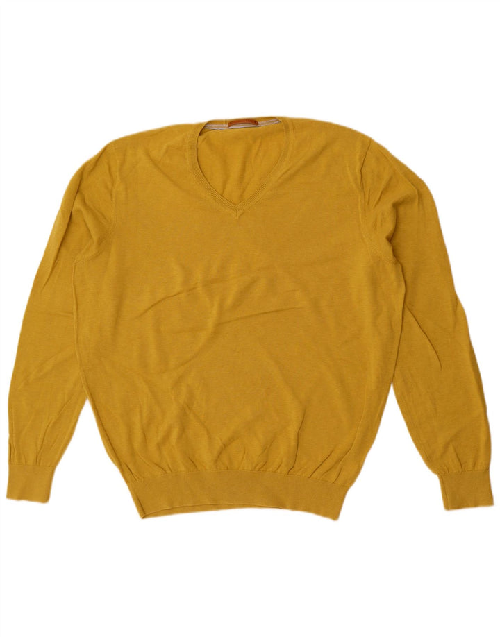 Massimo Dutti Herren-Pullover mit V-Ausschnitt, groß, gelbe Baumwolle