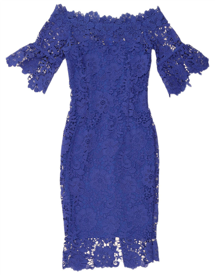 PAPER DOLLS Schulterfreies Damenkleid, Größe S, Blau, Blumenmuster, Polyester