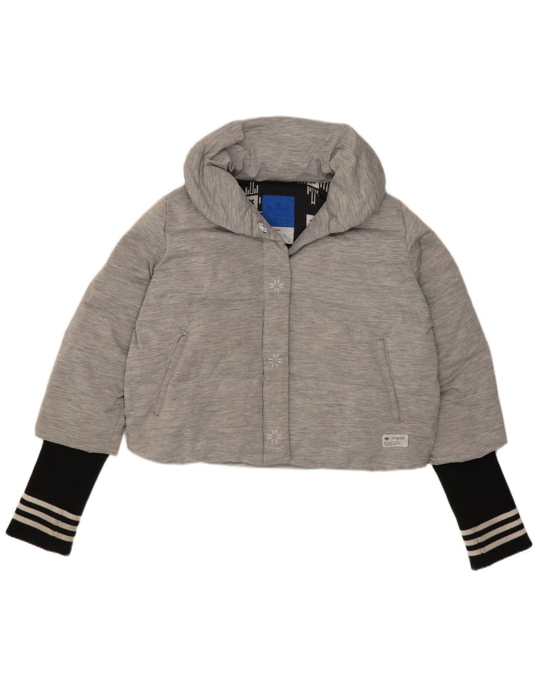Adidas Damen Crop Wattierte Jacke UK 14 Mittelgraues Colourblock-Polyamid