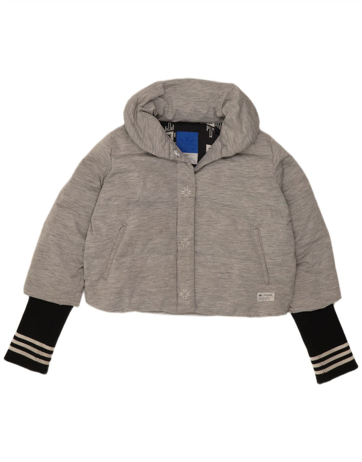 Adidas Damen Crop Wattierte Jacke UK 14 Mittelgraues Colourblock-Polyamid