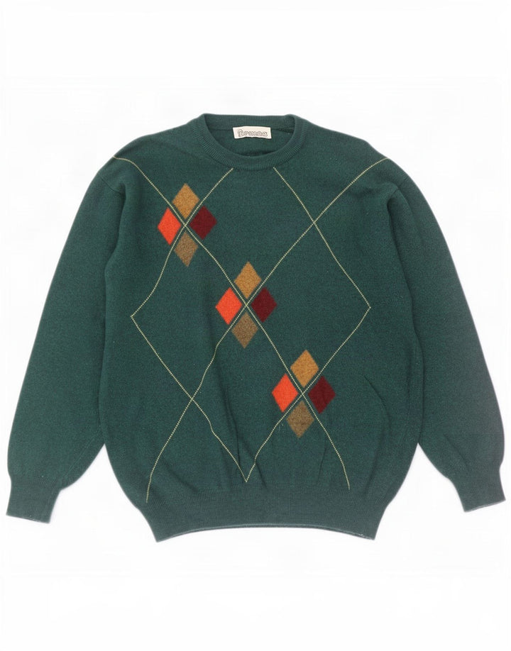 Vintage Herren-Pullover mit Rundhalsausschnitt, mittelgrün, Argyle/Diamant