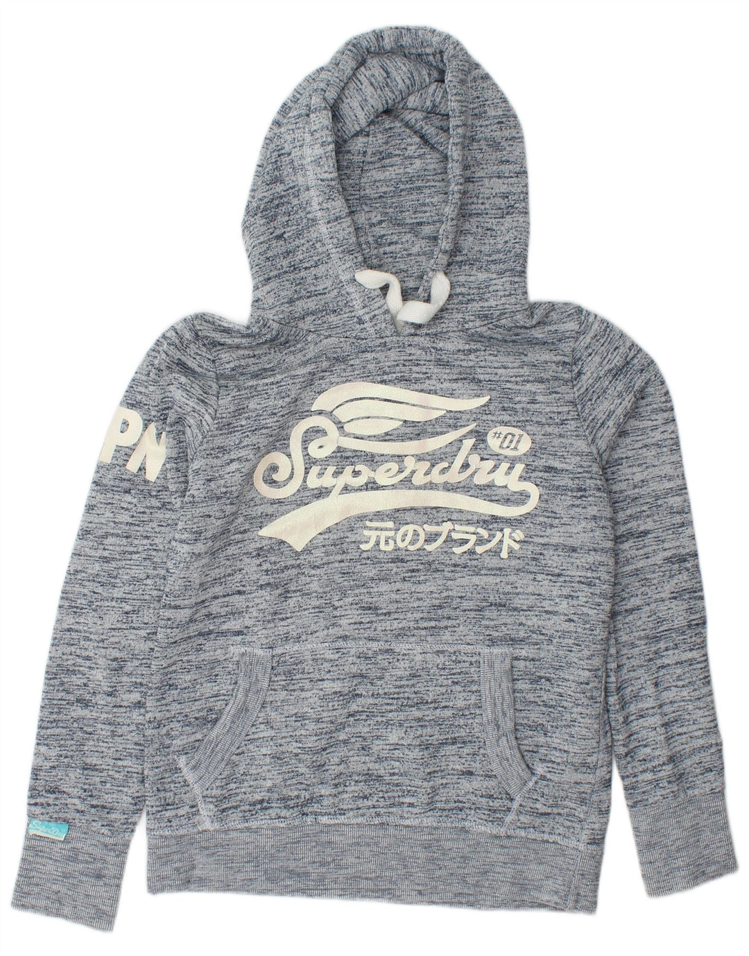 SUPERDRY Grafik-Hoodie-Pullover für Damen, UK 16, Größe L, marineblau gesprenkelte Baumwolle