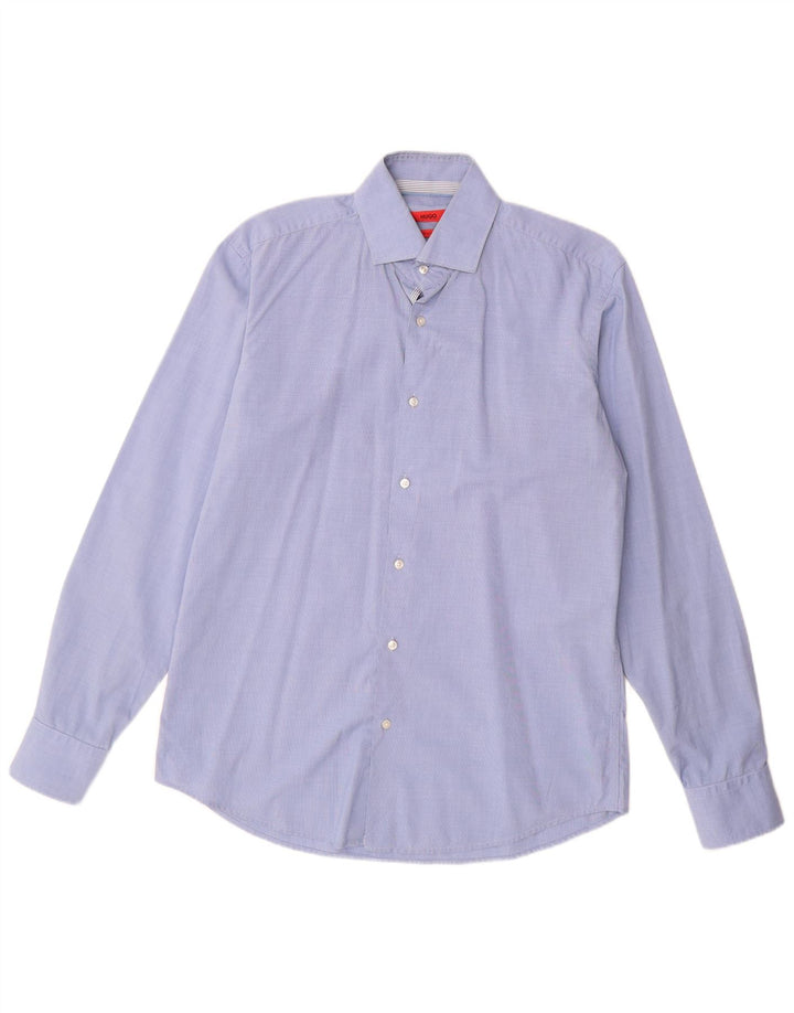 Hugo Boss Herren-Hemd mit normaler Passform, Größe 39, 15 1/2, mittelblaue Baumwolle