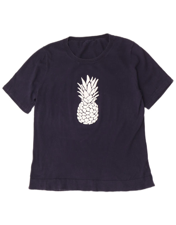 Vintage Damen Grafik T-Shirt Top UK 10 Small Marineblau Baumwolle