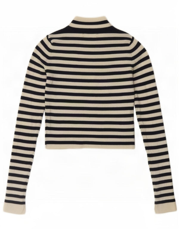 Zara Damen Crop Top Langarm UK 10 Small Marineblau gestreift Nylon