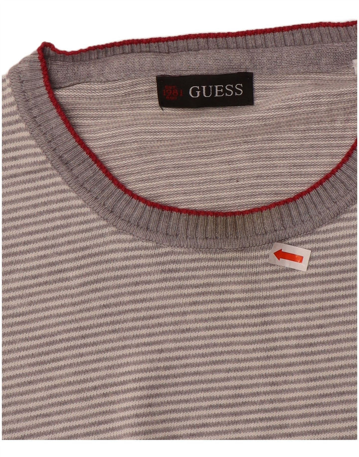 Guess Herren-Pullover mit Rundhalsausschnitt, groß, grau gestreift, Baumwolle