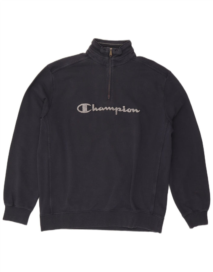 CHAMPION Mens Graphic Zip Neck Sweatshirt Jumper 2XL Navy Blue Vintage Champion and Second-Hand Champion from Messina Hembry 