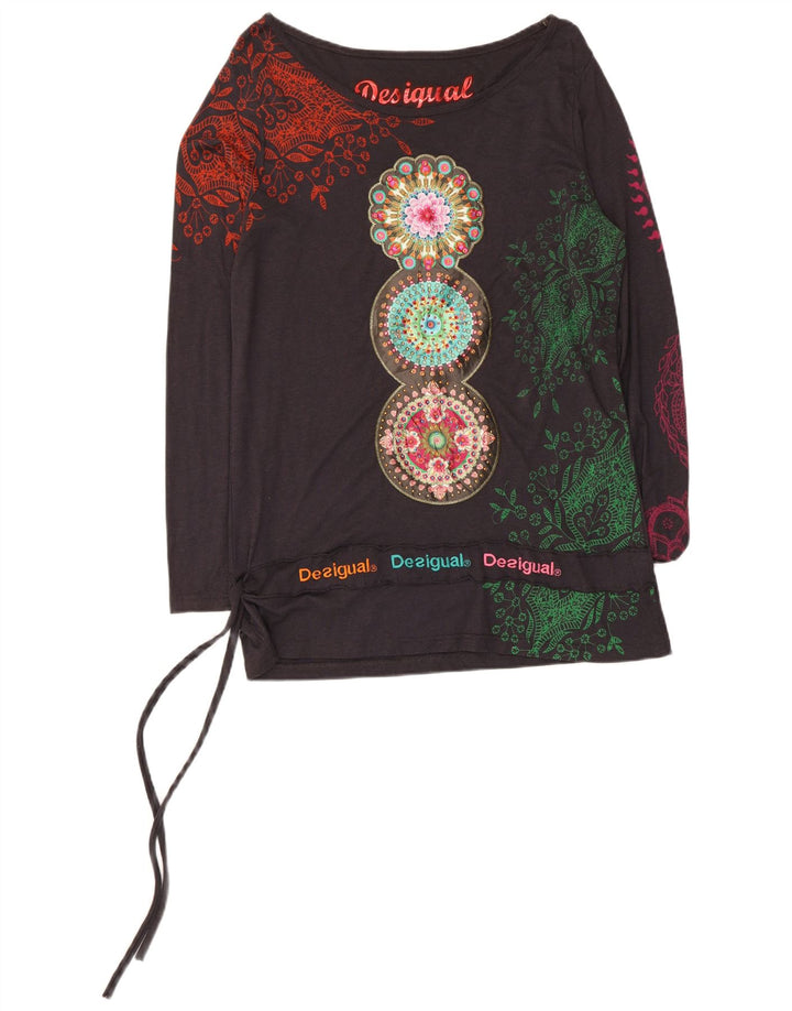 Desigual Damen Graphic Top Langarm UK 12 Medium Schwarz Blumenmuster