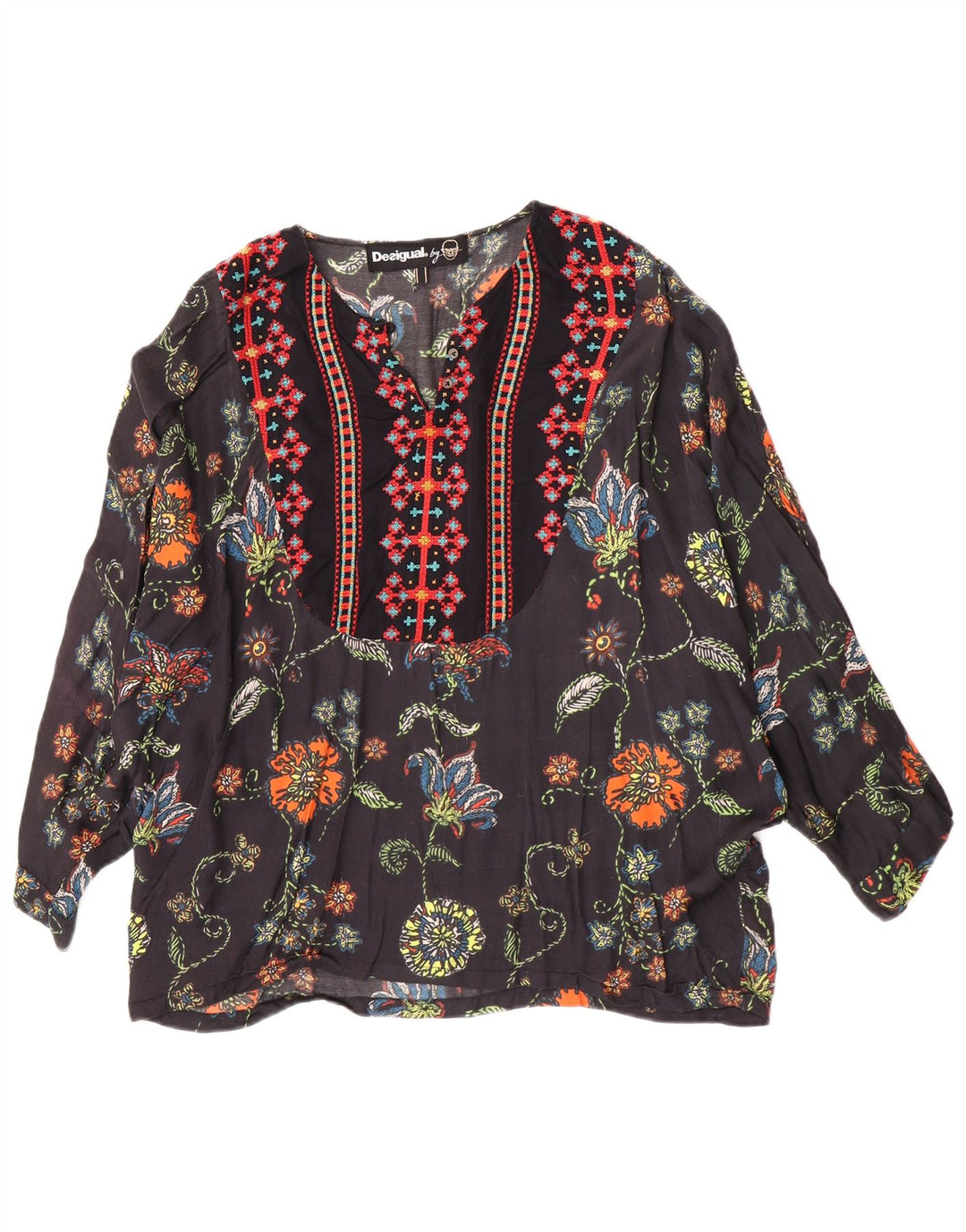 Desigual Damen Tunika-Top UK 12 Mittelschwarz geblümt
