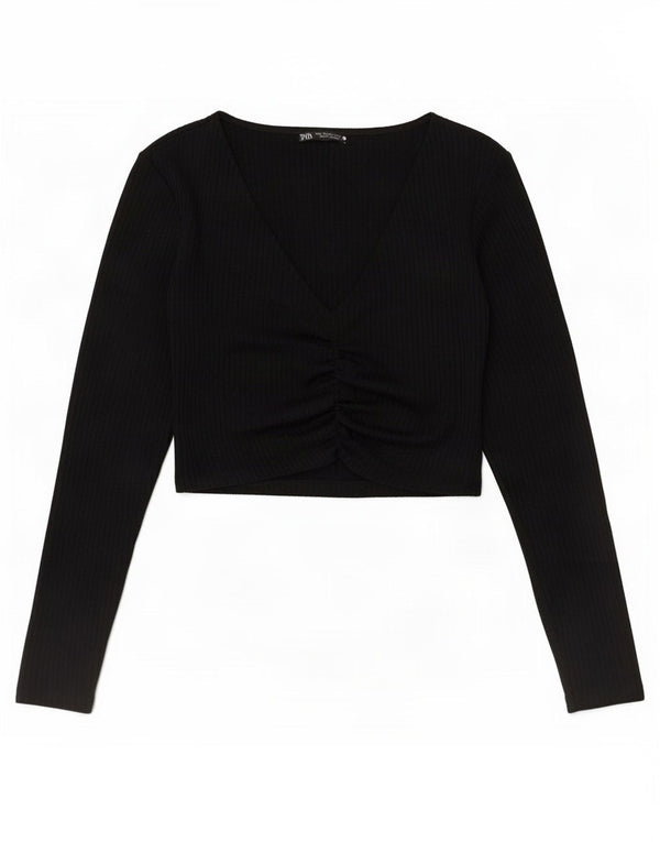 Zara Damen Crop Top Langarm UK 12 Medium Schwarz Polyester