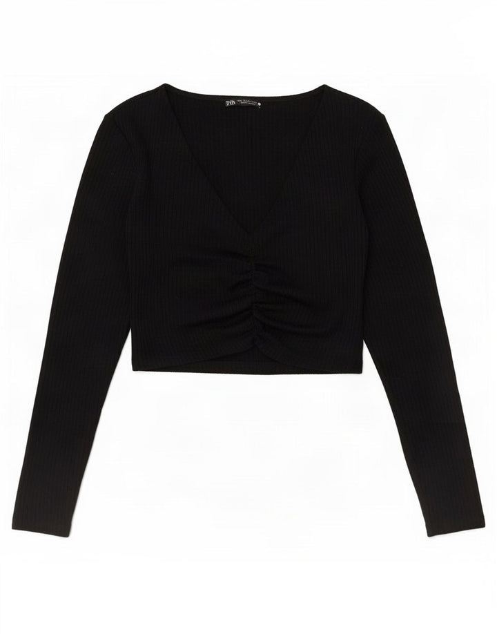 Zara Damen Crop Top Langarm UK 12 Medium Schwarz Polyester