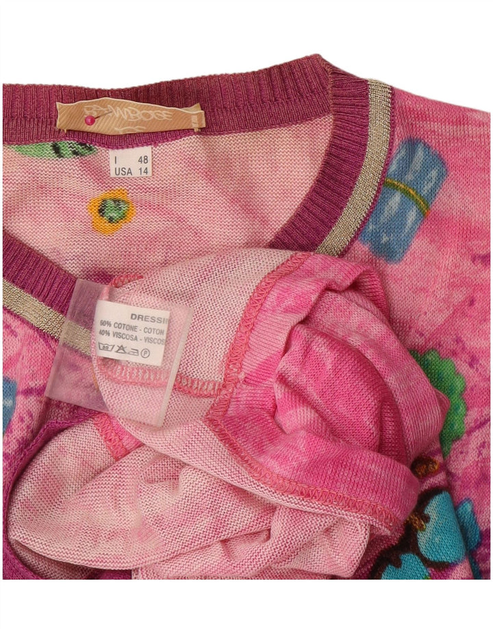 Le Bambole Damen-Strickjacke mit abstraktem Muster, lang geschnitten, Größe 48, XL, Rosa