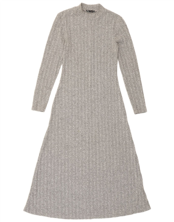 Zara Damen Maxi-Longline-Pulloverkleid UK 12 Mittelgrau meliertes Polyester