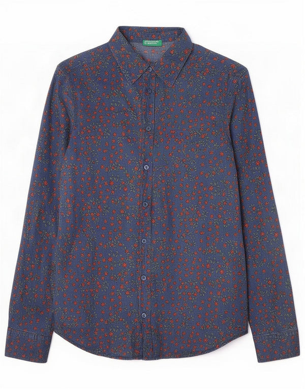 Benetton Damenhemd UK 4 XS Baumwolle mit blauem Blumenmuster