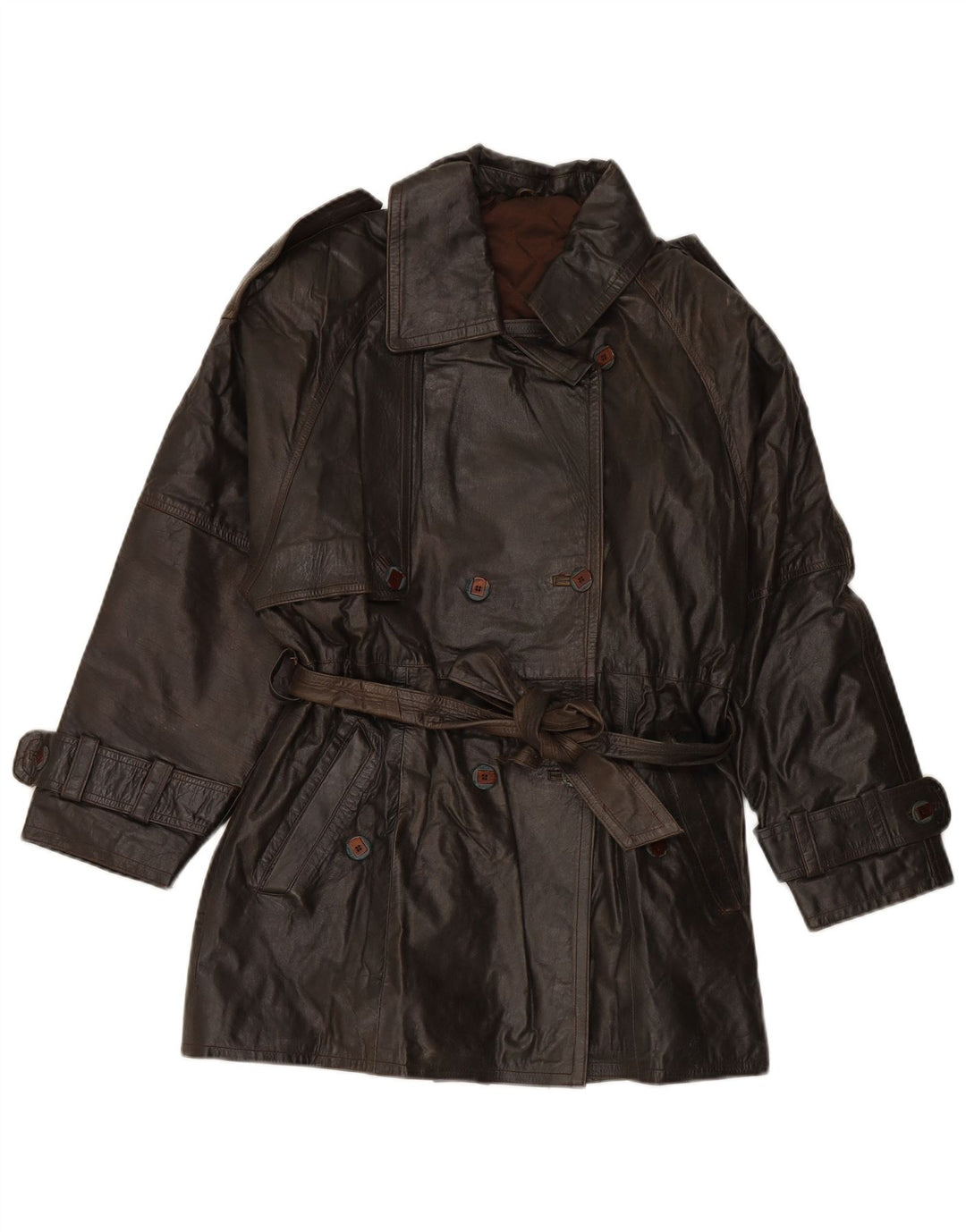 VINTAGE Damen Zweireihiger Ledermantel EU 38 Mittelbraunes Leder