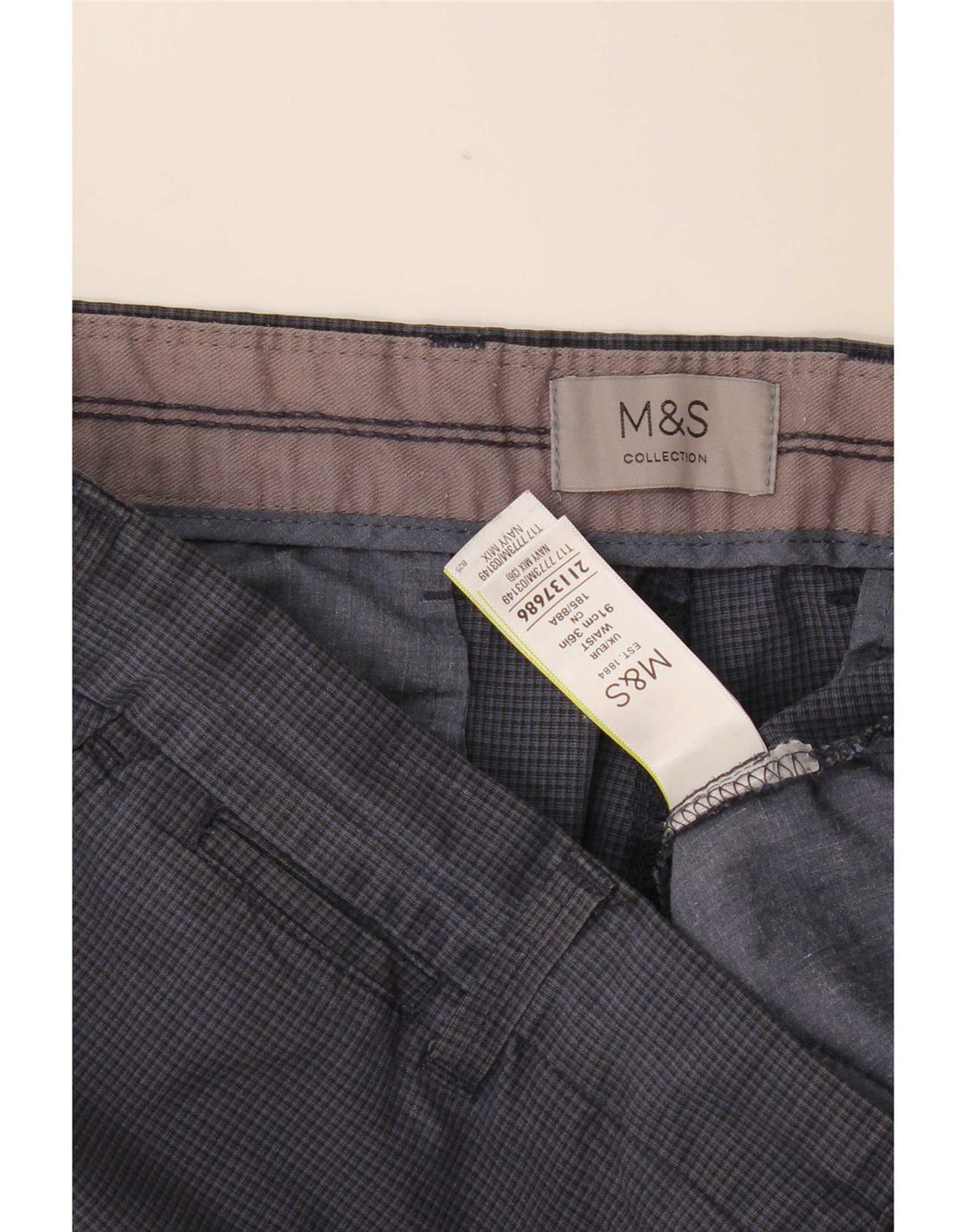 Marks & Spencer Herren-Chinoshorts W36, große marineblaue Gingham-Baumwolle