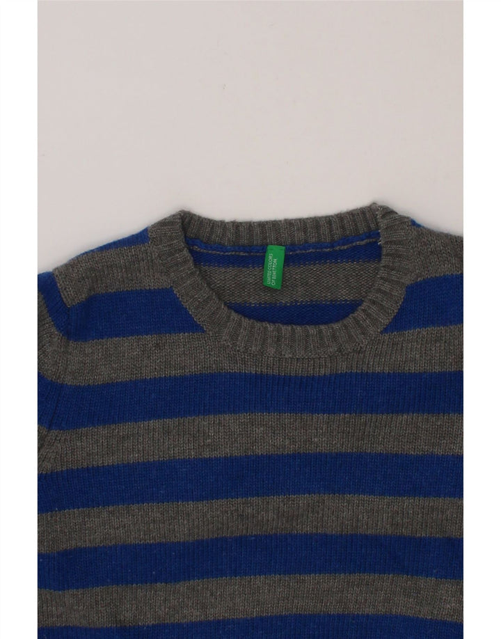 BENETTON Boys Crew Neck Jumper Sweater 7-8 Years Medium Blue Striped Vintage Benetton and Second-Hand Benetton from Messina Hembry 
