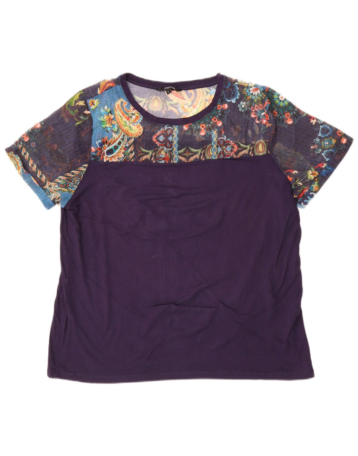 Desigual Damen T-Shirt Top UK 16 Large Marineblau mit Blumenmuster
