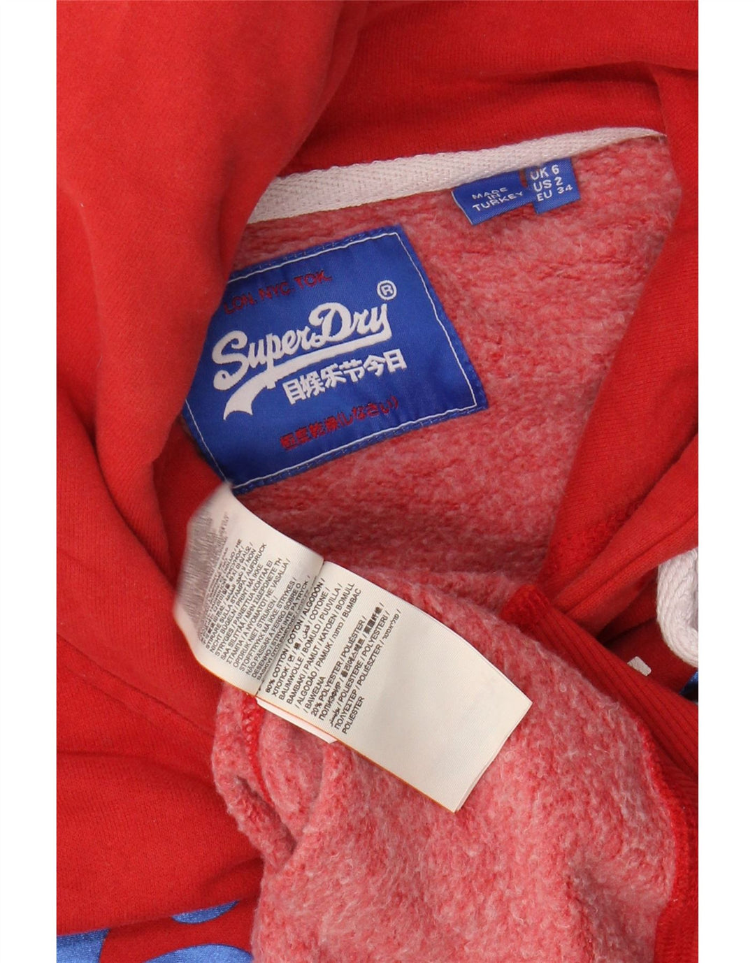 SUPERDRY Damen-Kapuzenpullover mit Grafik, UK 6 XS, rote Baumwolle