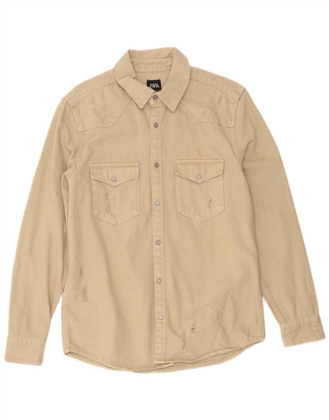 Zara Herren-Jeanshemd im Distressed-Look, mittelbeige Baumwolle