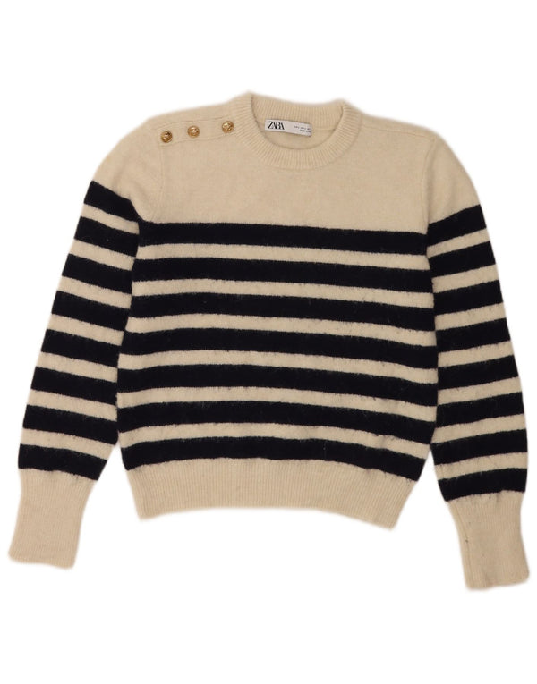 Zara Damen Crop Crew Neck Pullover Pullover UK 14 Large Weiß gestreift