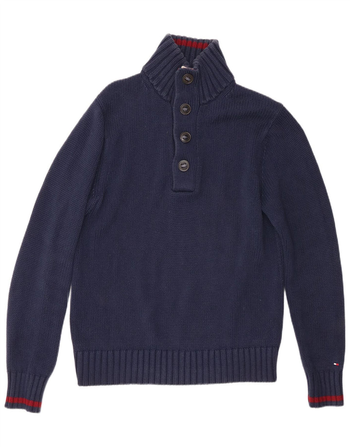 Tommy Hilfiger Herren-Pullover mit Knopfkragen, mittlere Marineblau-Baumwolle