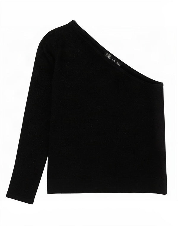 Zara Damen Crop One Shoulder Top UK 12 Mittelschwarz gefleckte Baumwolle
