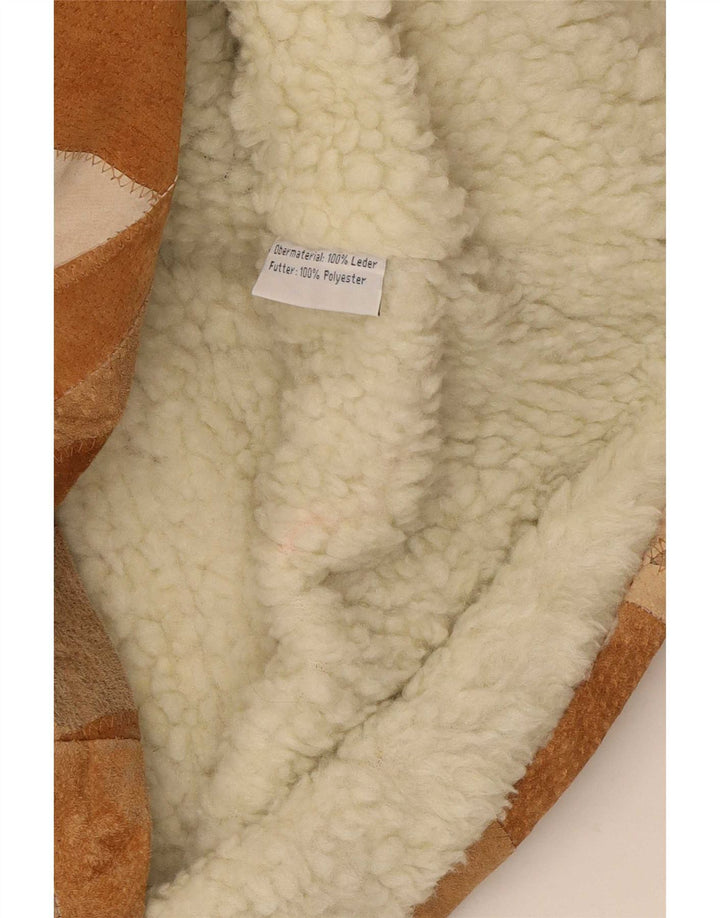 Vintage Damen Kapuzen-Sherpa-Mantel UK 18 XL Braunes Patchwork-Leder