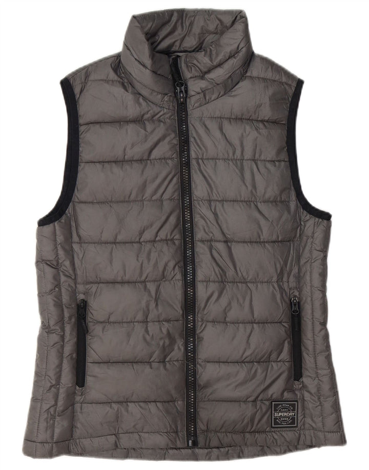 Superdry Damen Ärmellose wattierte Weste UK 14 Mittelgraues Polyester