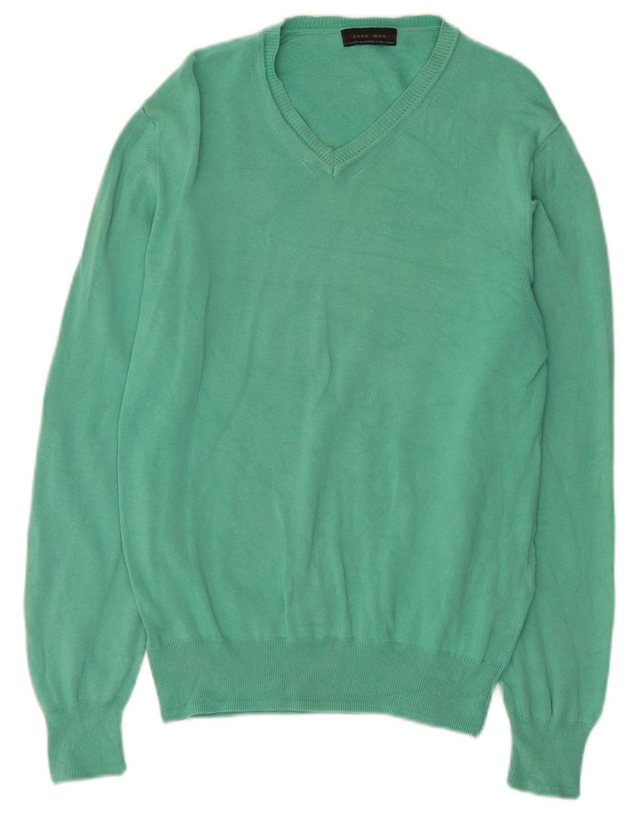 Zara Herren-Pullover mit V-Ausschnitt aus mittelgrüner Baumwolle