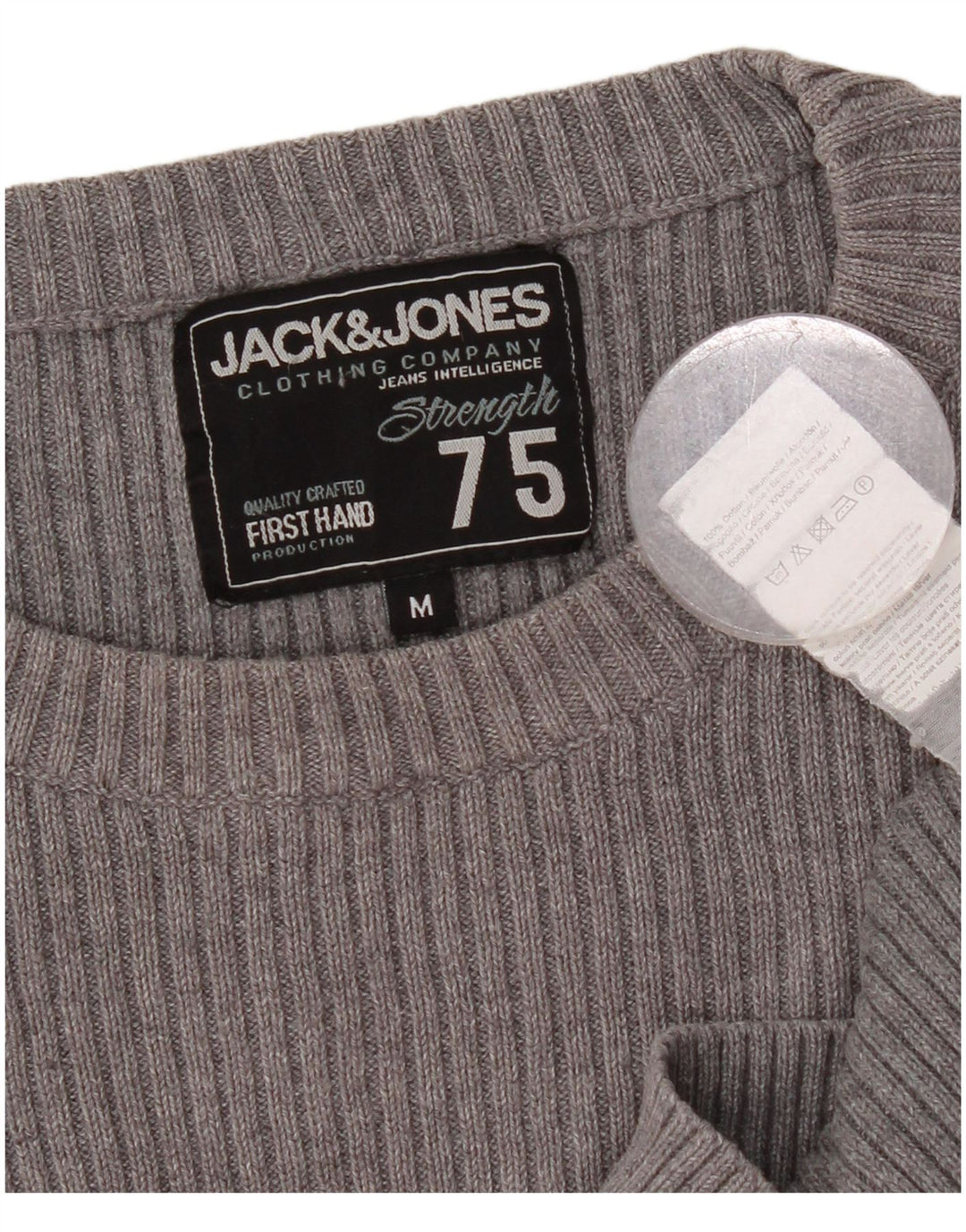 JACK & JONES Herren-Pullover mit grafischem Rundhalsausschnitt, mittelgraue Baumwolle