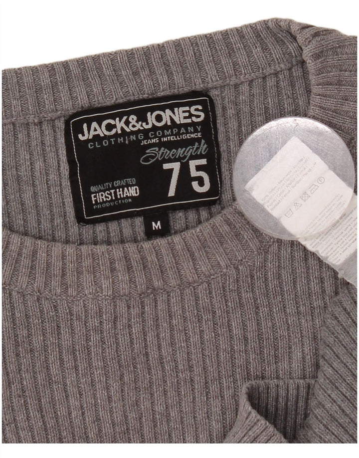 JACK & JONES Herren-Pullover mit grafischem Rundhalsausschnitt, mittelgraue Baumwolle