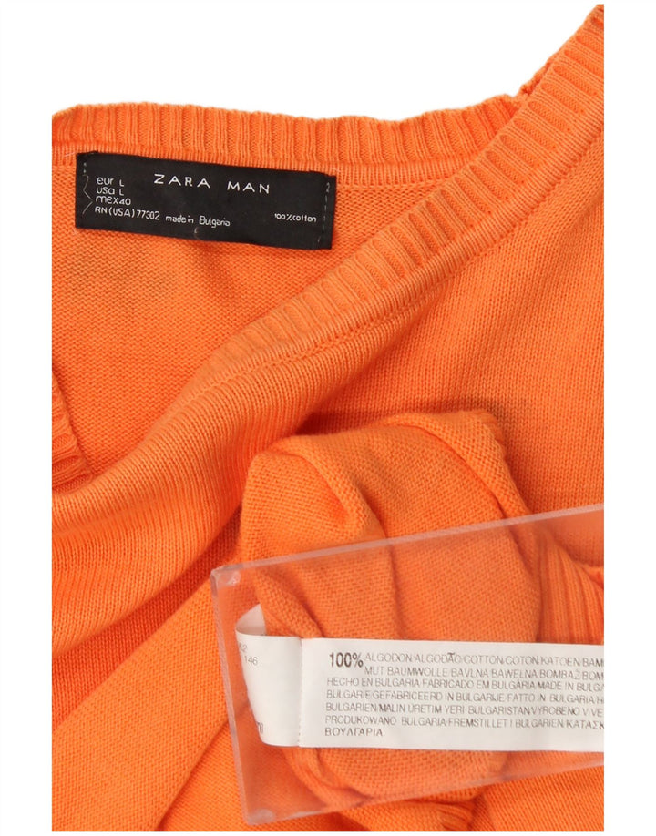 Zara Herren-Pullover mit U-Boot-Ausschnitt, groß, orange Baumwolle