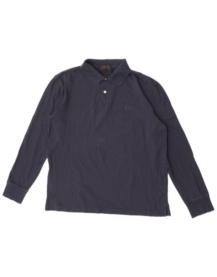 Sergio Tacchini Herren-Langarm-Poloshirt, IT 48, mittelmarineblaue Baumwolle