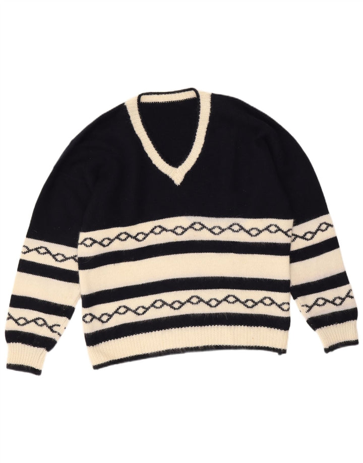 Vintage Herren V-Ausschnitt Pullover Pullover Medium Marineblau Geometrisch