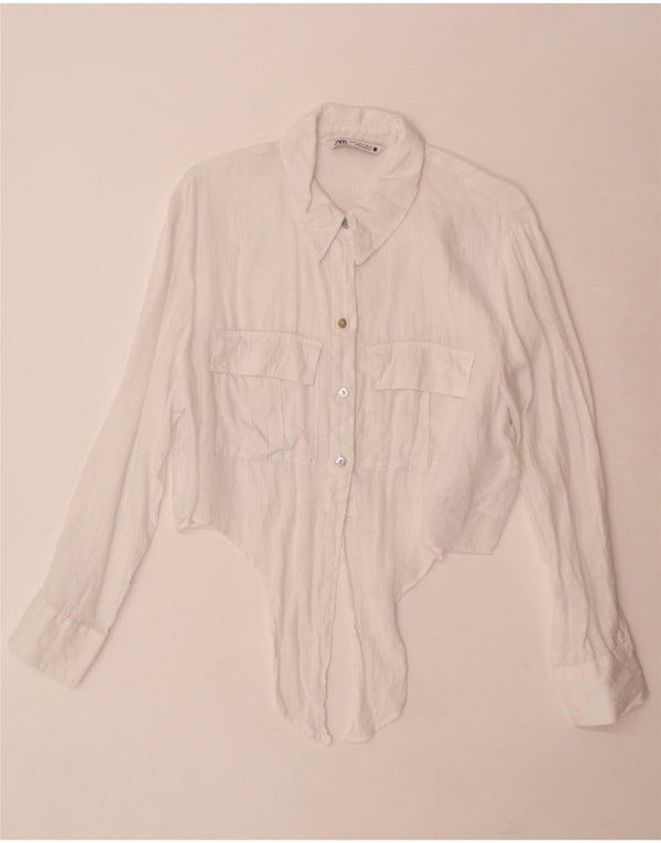 Zara Damen Crop Front Tie Shirt UK 18 XL Weiß Leinen