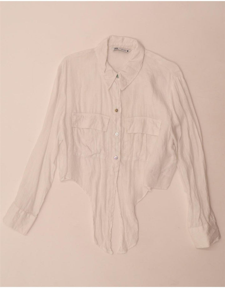 Zara Damen Crop Front Tie Shirt UK 18 XL Weiß Leinen