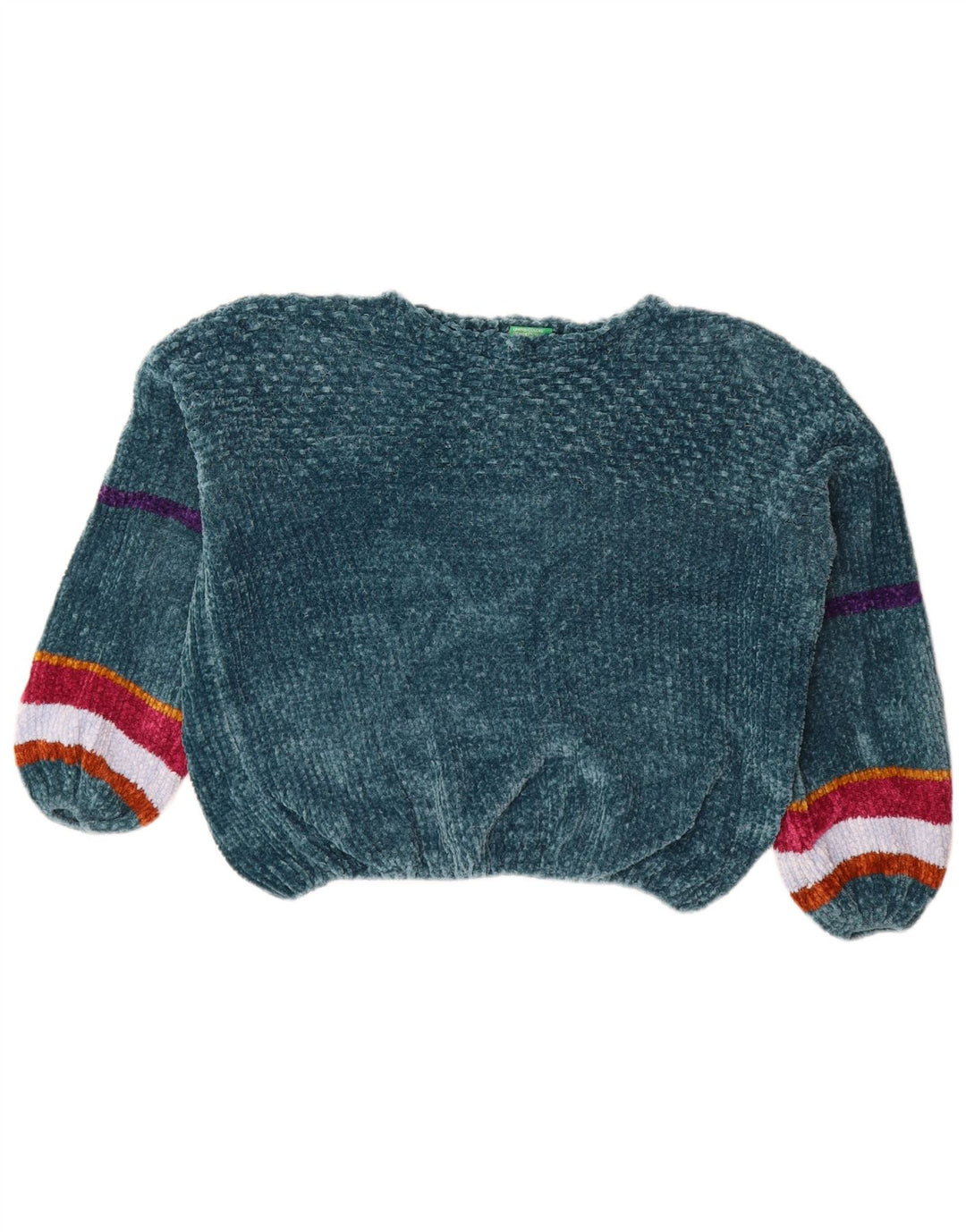 BENETTON Damen-Pullover aus Velours mit U-Boot-Ausschnitt, Gr. 12, mittelgrün gestreift