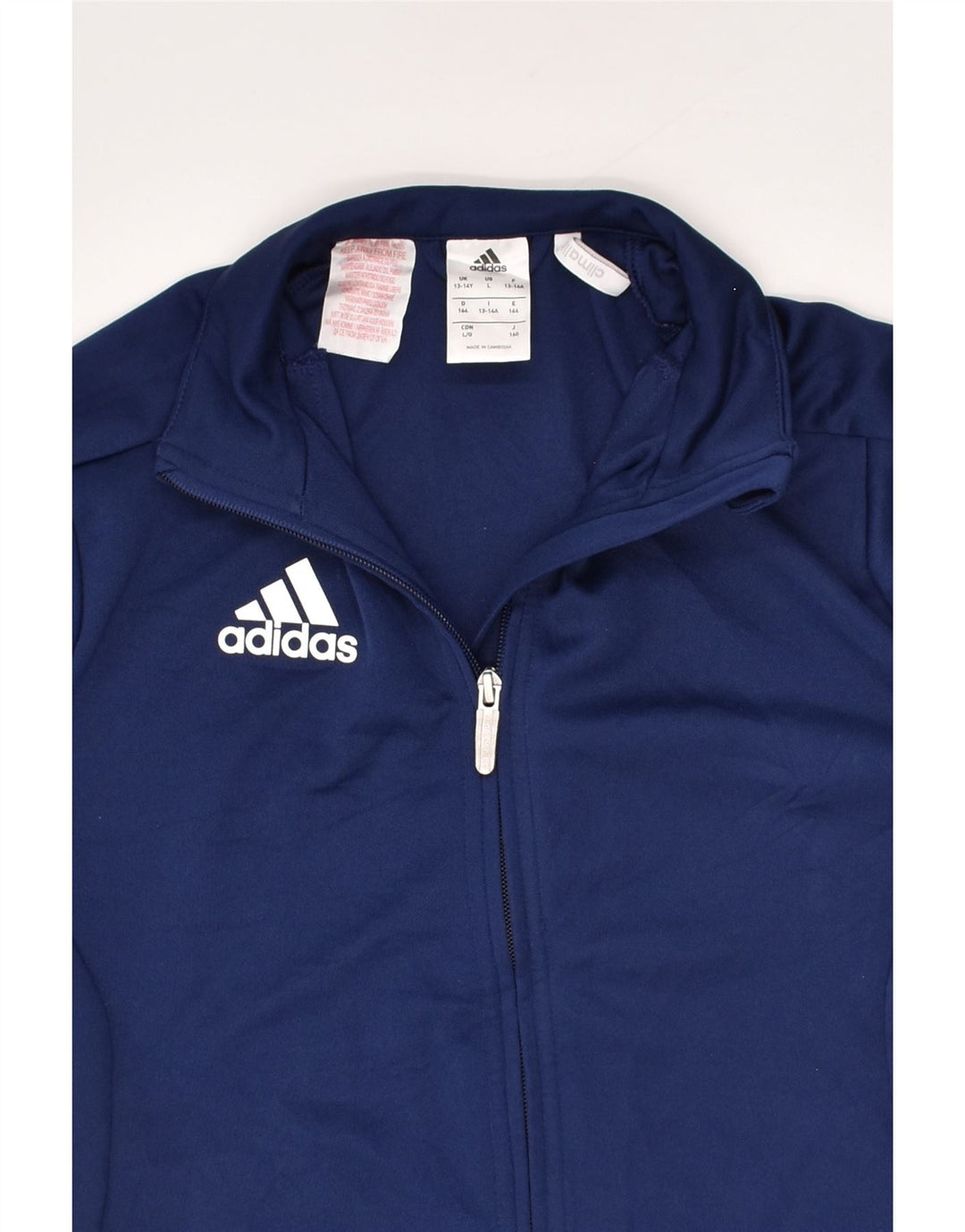 ADIDAS Boys Climalite Graphic Tracksuit Top Jacket 13-14 Years Navy Blue Vintage Adidas and Second-Hand Adidas from Messina Hembry 