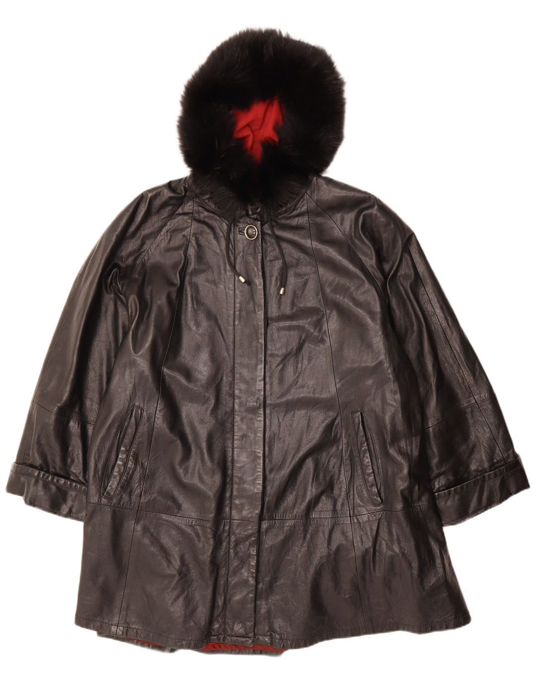 VINTAGE Übergroßer Damen-Ledermantel mit Kapuze IT 42 Mittelschwarzes Leder