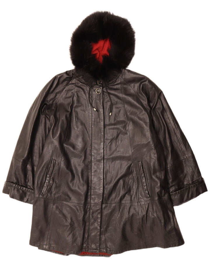 VINTAGE Übergroßer Damen-Ledermantel mit Kapuze IT 42 Mittelschwarzes Leder