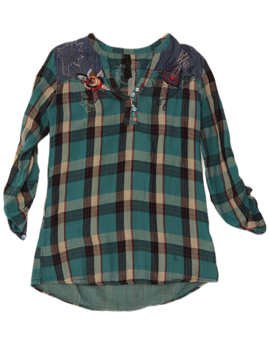 Desigual Damen Langarmblusenoberteil UK 16 Large Türkis Karo