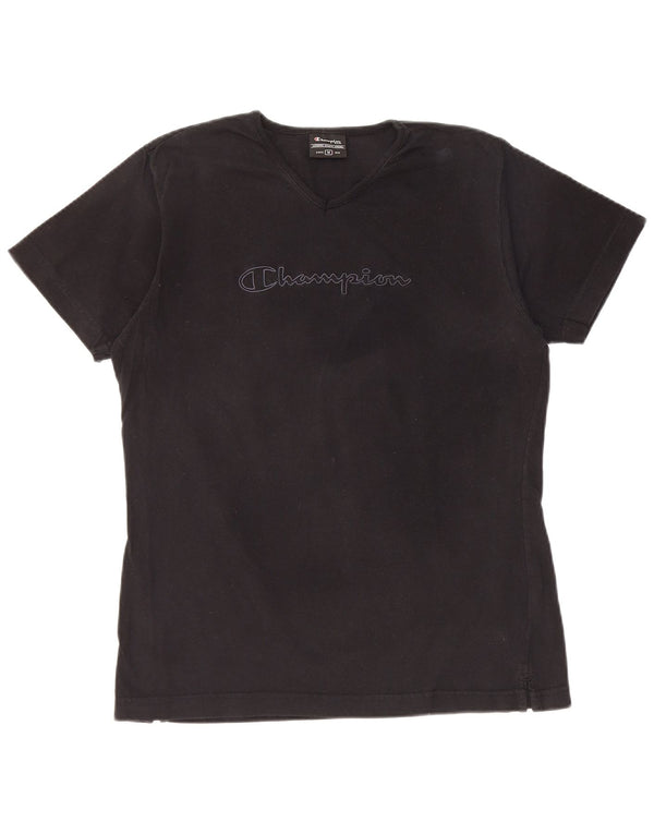 CHAMPION Damen Grafik-T-Shirt-Oberteil UK 14 Mittelschwarze Baumwolle