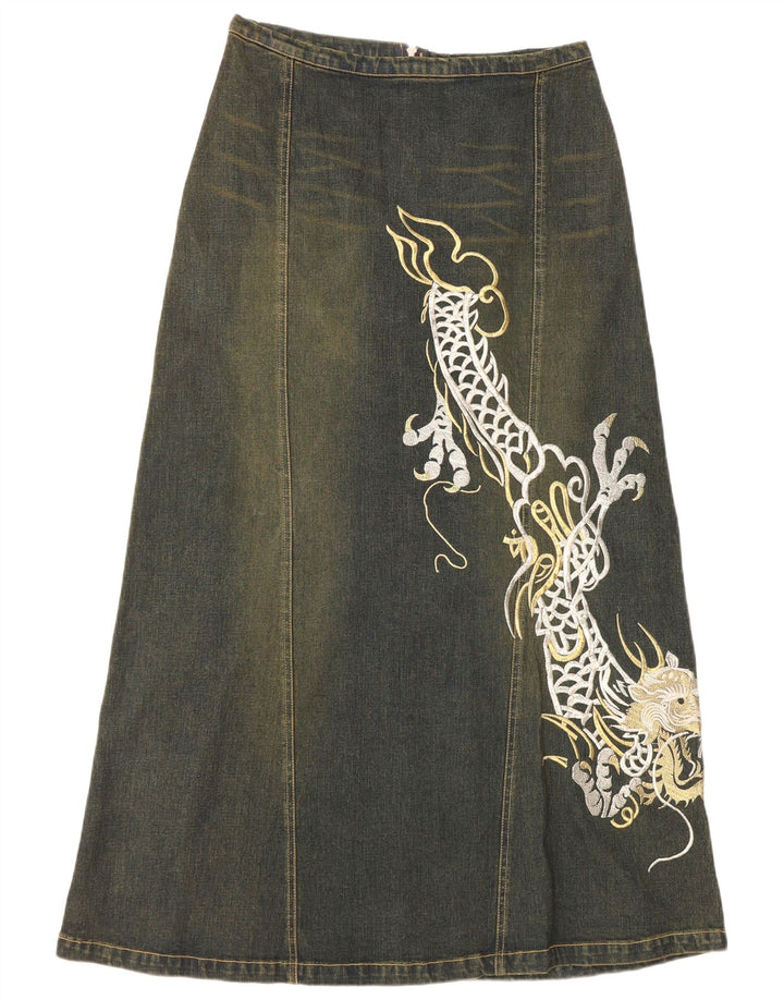 VINTAGE Grafischer Damen-Jeansrock UK 12 Medium W30 Blaue Baumwolle