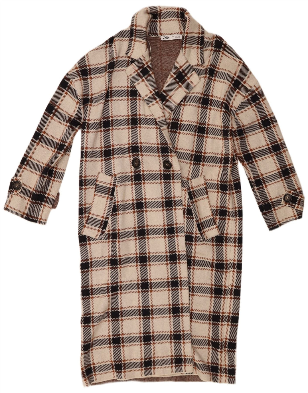 Zweireihiger Damenmantel von Zara, Gr. 10, Größe S, beige, kariert, Viskose
