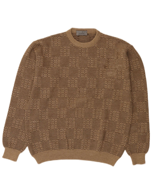 Vintage Herren Pullover mit Rundhalsausschnitt, groß, beige, geometrische Wolle