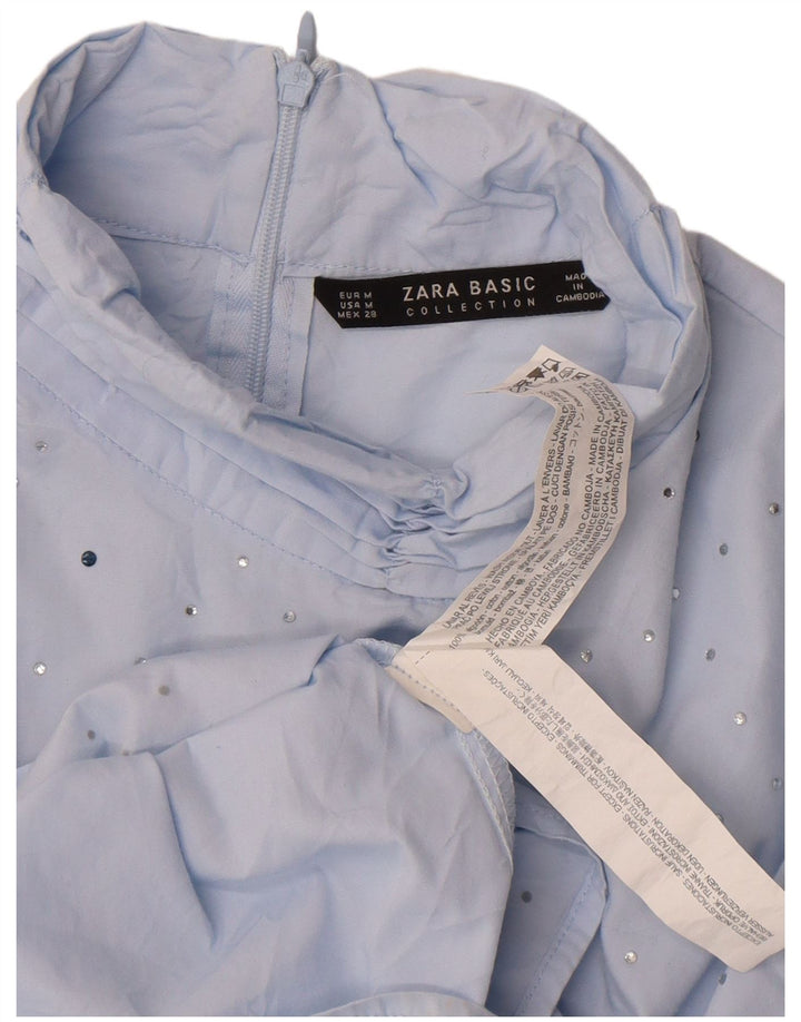 Zara Damen-Blusenoberteil mit 3/4-Ärmeln, UK-Größe 44, mittelblaue Baumwolle