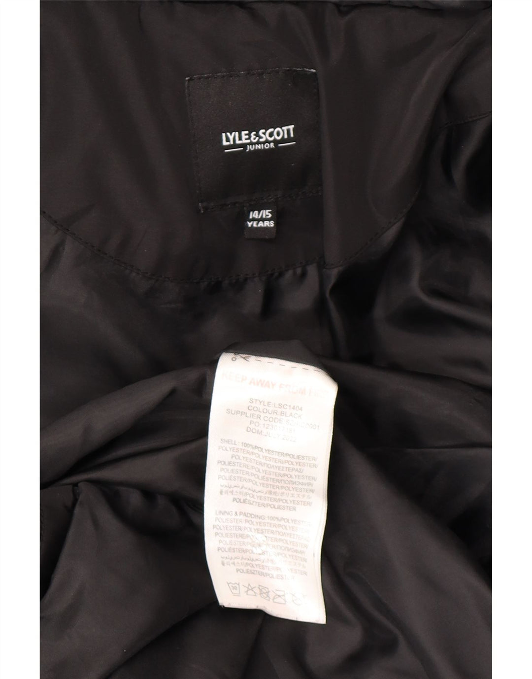 Lyle & Scott Wattierte Jungenjacke mit Kapuze, 14–15 Jahre, schwarzes Polyester