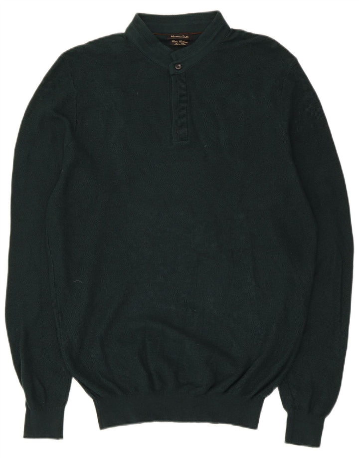 Massimo Dutti Herren-Pullover mit Knopfkragen, Mittelgrün